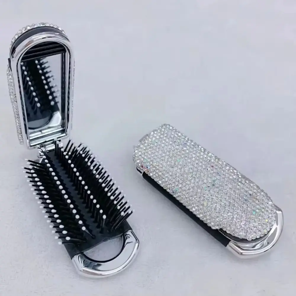 

2 in 1 Folding Hair Brush Portable Crystal-Encrusted Rhinestone Hair Comb Folding with Mirror Air Cushion Comb Gift for Girls