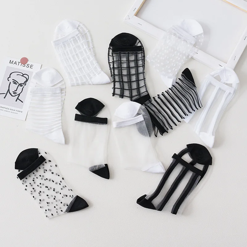 Thin Spring and Summer Women's Striped and Checkered Mid-Calf Socks, Simple and Academic Style, Crystal Socks