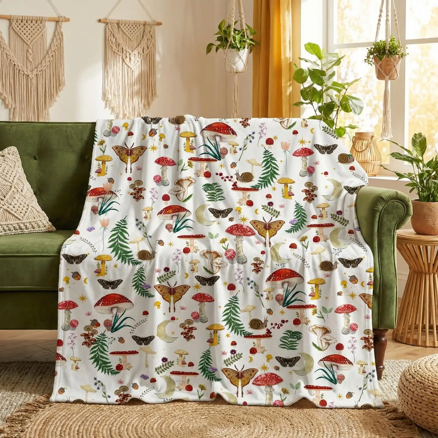 Mushroom White Vintage Moths Flannel Throw Blanket 50x60inch