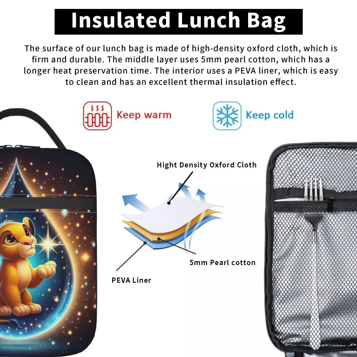 صناديق الغداء المحمولة الكرتونية من Lion King للنساء مانعة للتسرب ومبرد الرسوم المتحركة الحراري للطعام معزول حقيبة الغداء لأطفال المدارس #4