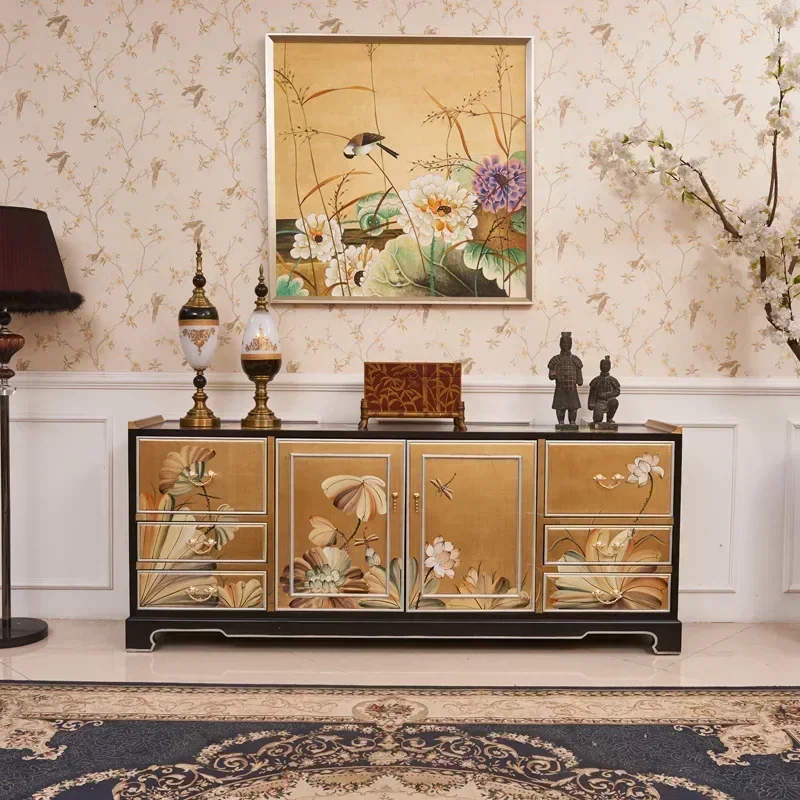 2023 New Designer Furniture New Chinese Model House Living Room Gold Foil Painted Lotus TV Floor Cabinet