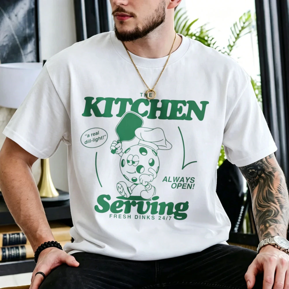 The Kitchen Always Open Serving Fresh Dinks Pickleball Chef Ball Graphic Cotton T Shirt Unisex Funny Sport Humor Outdoor Tops