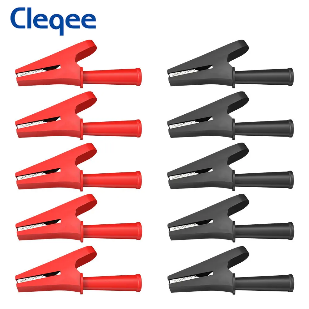 Cleqee 10PCS 30A Fully Insulated Alligator Clip with 4mm Jack Safety Crocodile Clamps for Banana Plug or Welding P2002.10L