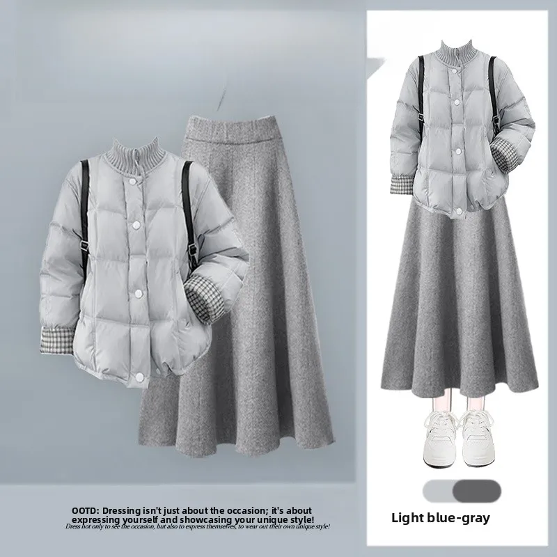 

Winter Warm Plaid Cotton Jaet Women's Slimming ey Skirt Two-Piece Set Casual Sle Korean Trendy Matching Outfit