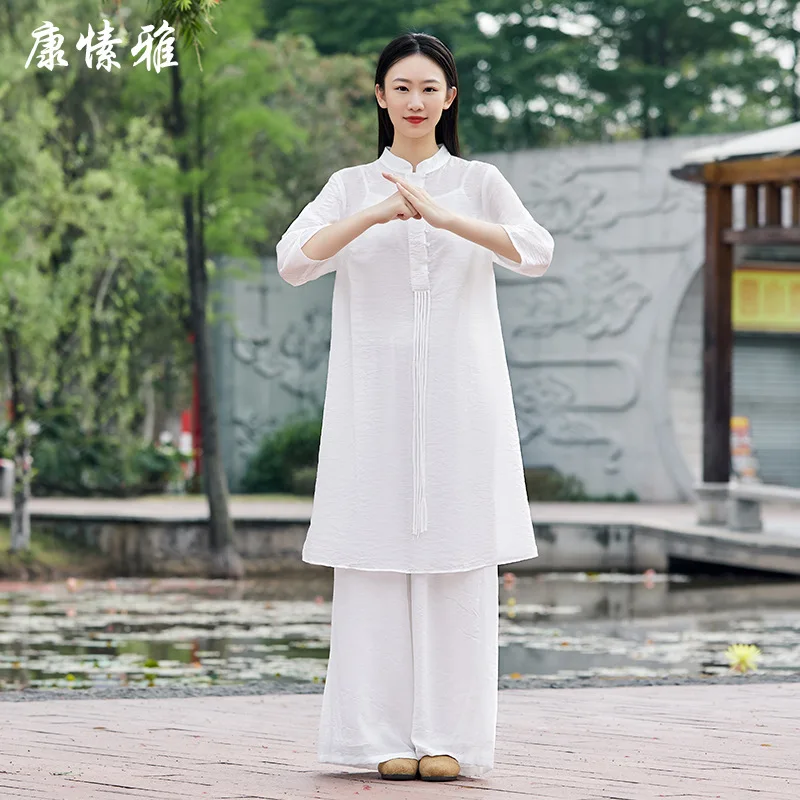 3pcs Women Martial Arts Tai Chi Kungfu Uniforms Cotton Linen Chinese Traditional Loose Shirt+pant Casual Meditation Athletic Set