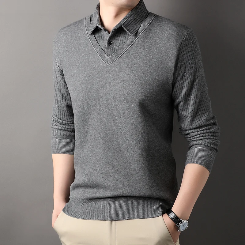 Vintage Sweaters Men's Fleece Polo Collar Pullover Fashion Casual Thick Polo Shirts Slim Fit Korean Mens Top Clothes