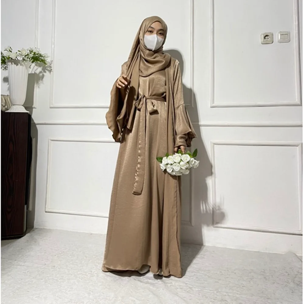 Two-Piece Set for Muslim Ramadan and Eid, Cardigan, Maxi Dress, Horn Sleeve, Open Kimono, Abaya, Moroccan Women Robe, No Scarf,