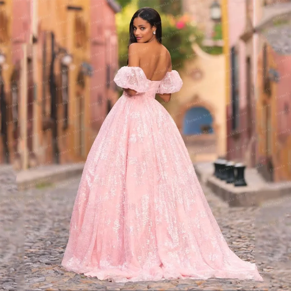 Off Shoulder Light Pink Sparkly Evening Dresses Short Sleeve Women Clothing A-line Print Prom Dress Open Back Birthday Dress