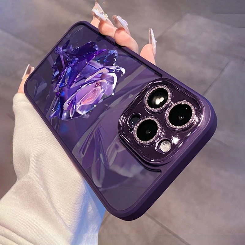 Crystal Purple Pink Rose Case for iPhone 11 12 13 14 15 16 17 Pro Max 16 15 14Plus Casing Glitter Lens Camera Protection Cover
