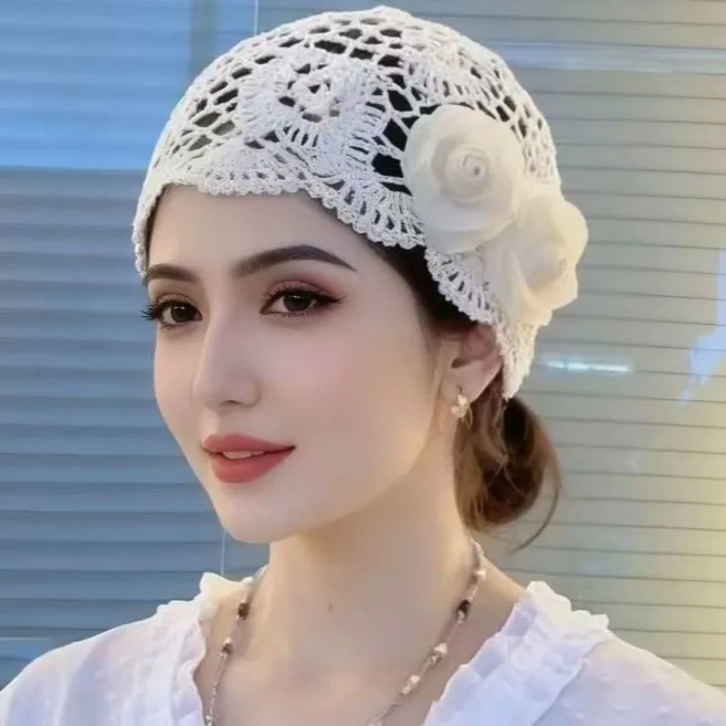 Exotic Handmade Rose Flower Hat Knitted Baotou New Hollow Versatile Elegant Temperament Baotou Hat