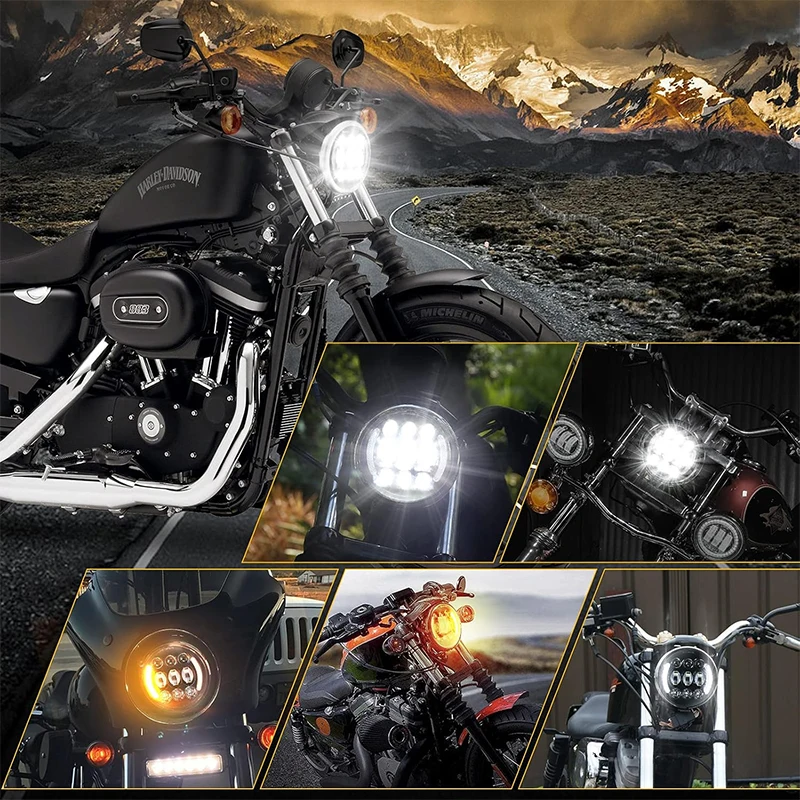 مصباح أمامي LED للدراجة النارية مقاس 5.75 بوصة مع هالة DRL وإشارة الانعطاف 5-3/4 بوصة كشافات أمامية للمحرك لـ Dyna Softail Deuce Wide Glide Sportster #5