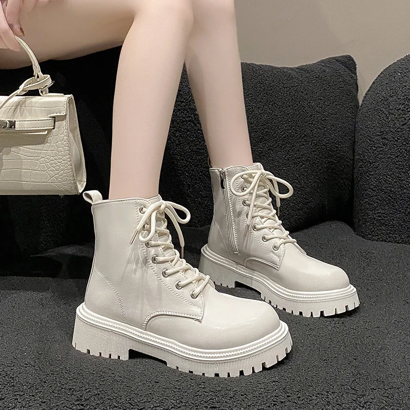 Women's Boots 2024 Autumn/Winter New British Style Plush Fashion Thick Bottom Motorcycle Boots Lace Comfort Zipper Snow Boots