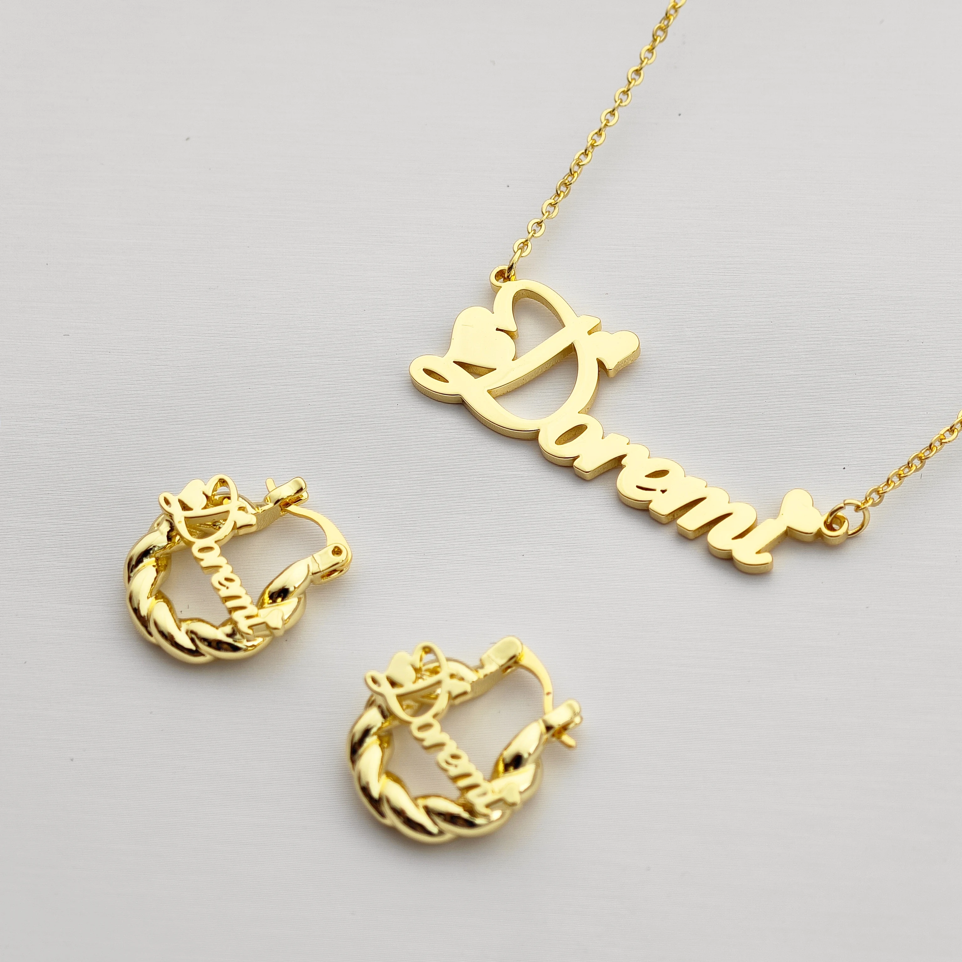 

DOREMI Custom Name Necklace, Engraved Bracelet & Earrings, Cute Stainless Steel Jewelry Personalized 3Pcs Jewelry Set for Kids
