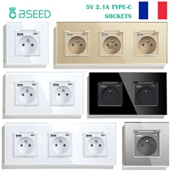 BSEED USB Type-c Waterproof French Sockets Cover Wall Sockets Outdoor Bathroom Double Outlet Glass Triple Sockets 5V 2.1A USB C