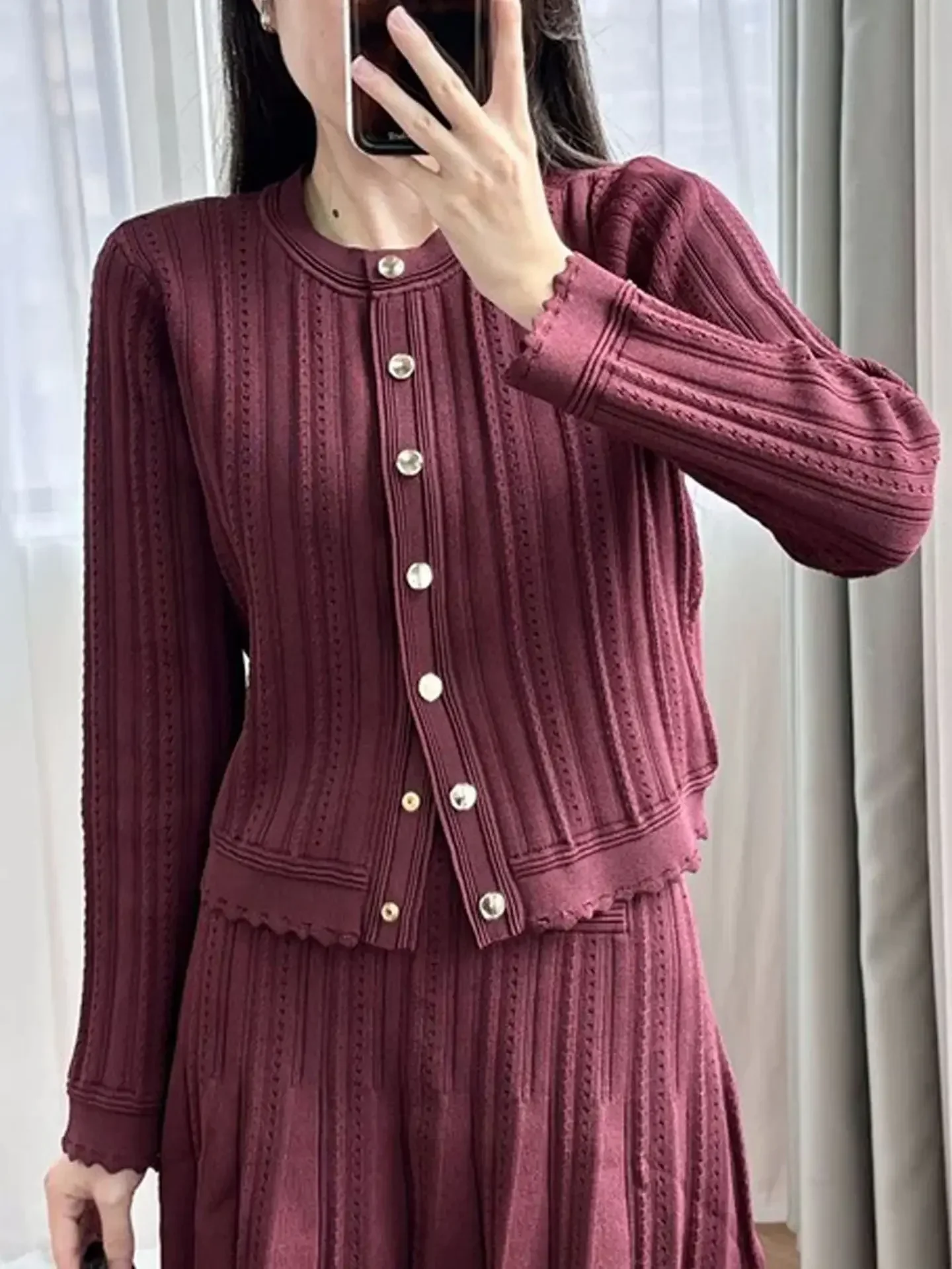 2024 Early Autumn Women Wine Red Threaded Knit Cardigan or Skirt Set O-Neck Long Sleeve Ladies Single Breasted Slim Knit Sweater