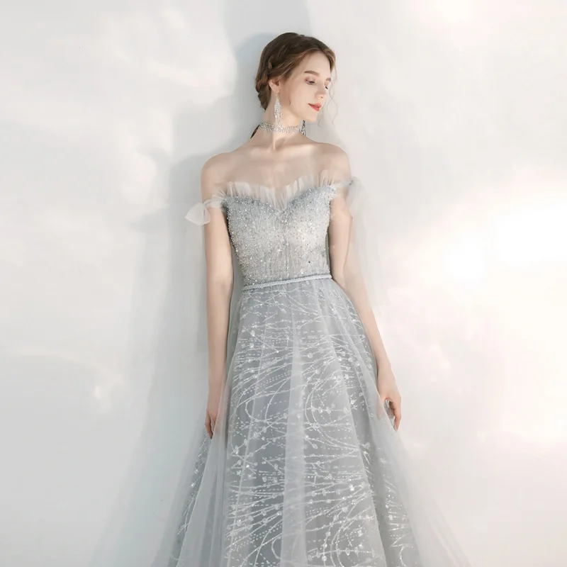 N11276 أزياء فساتين السهرة الفتيات النساء حفلة موسيقية الملابس الحلو الذاكرة مثير قبالة الكتف الطابق طول فستان رسمي فاخر #4