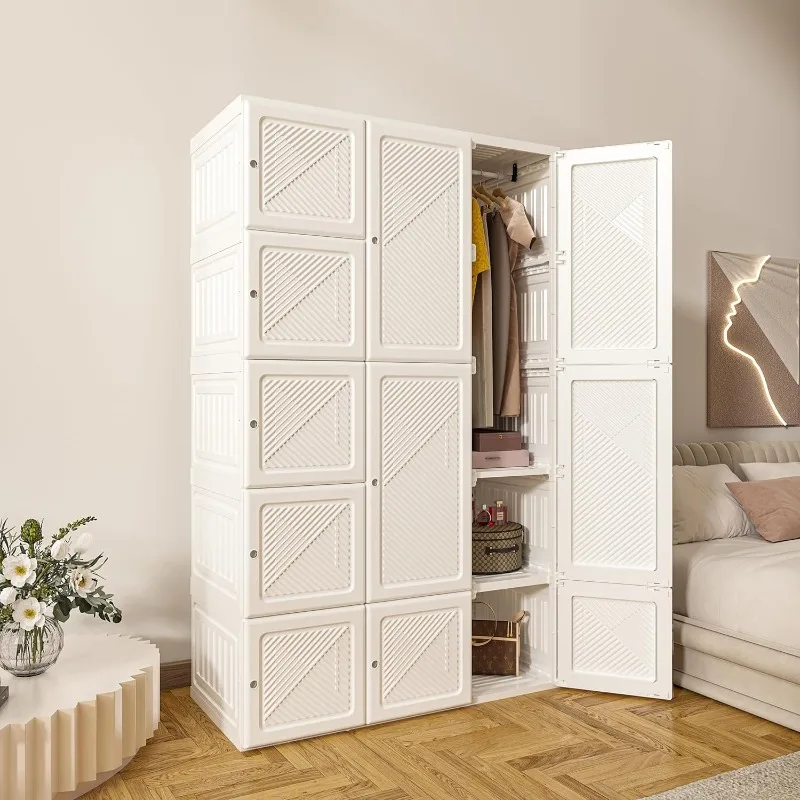 Portable wardrobe - clothing storage rack with 11 doors, 8 compartments, and 2 hangers.