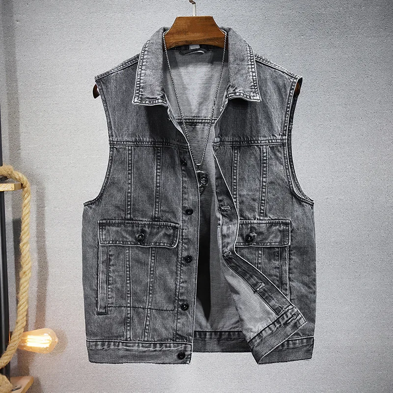 

2024 Men's New Black Gray Fashion Casual Motorcycle Multi-Pocket Denim Jacket