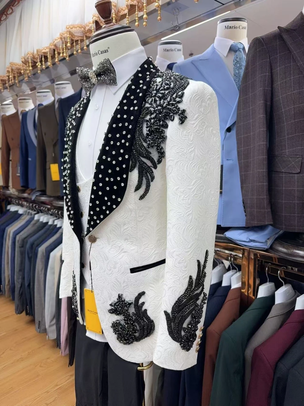 

Crystals White Men Suit Set 2 Pieces Cotton Blazer+Pants Trousers Formal Office Business Groom Wedding Tuxedo Customized Jacket