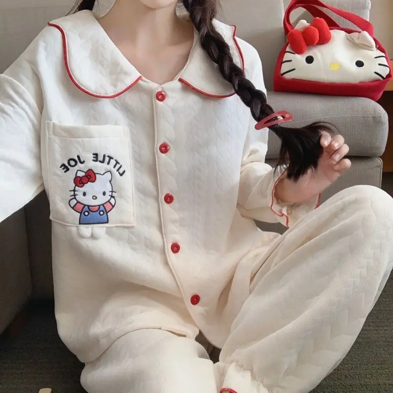Ar algodão hellokitty pijamas meninas outono inverno sanduíche grosso quente cardigan dos desenhos animados bonito estilo quente roupas de casa conjunto de duas peças