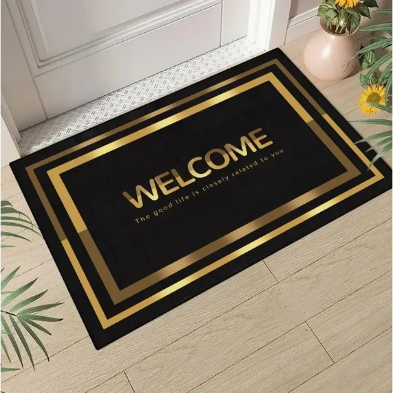 VIKAMA Teppich Elegante schwarze und goldene „Welcome“-Fußmatte – rutschfeste, maschinenwaschbare Bodenmatte, perfekt für die Inneneinrichtung