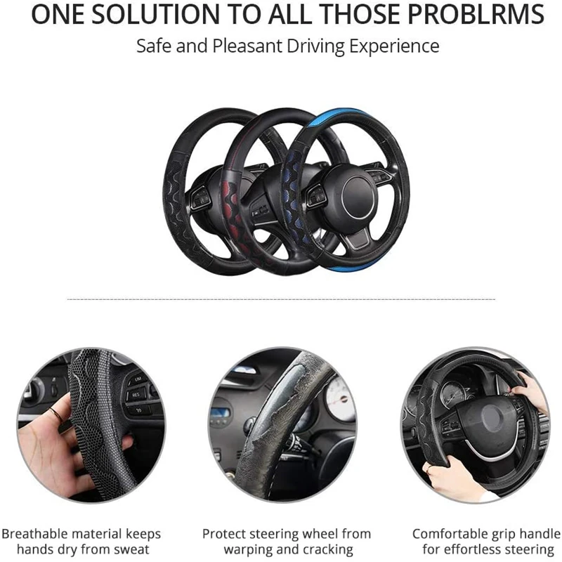 Sporty Racing Style Car Steering Wheel Cover Universal Fit 37-38CM Antiskid Breathable Grip Honeycomb Design