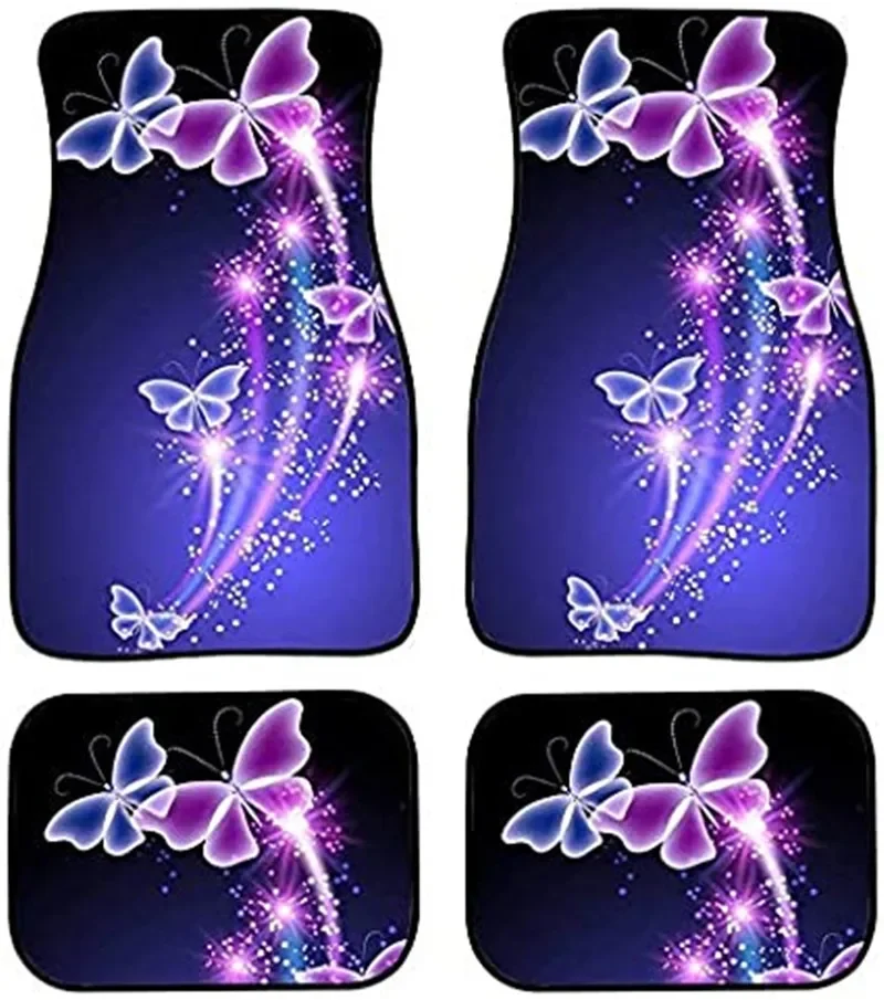 Purple Ice Silk Butterfly Printing Car Supplies Footpads Europe and America Waterproof Rubber Car Footpads 4PCS