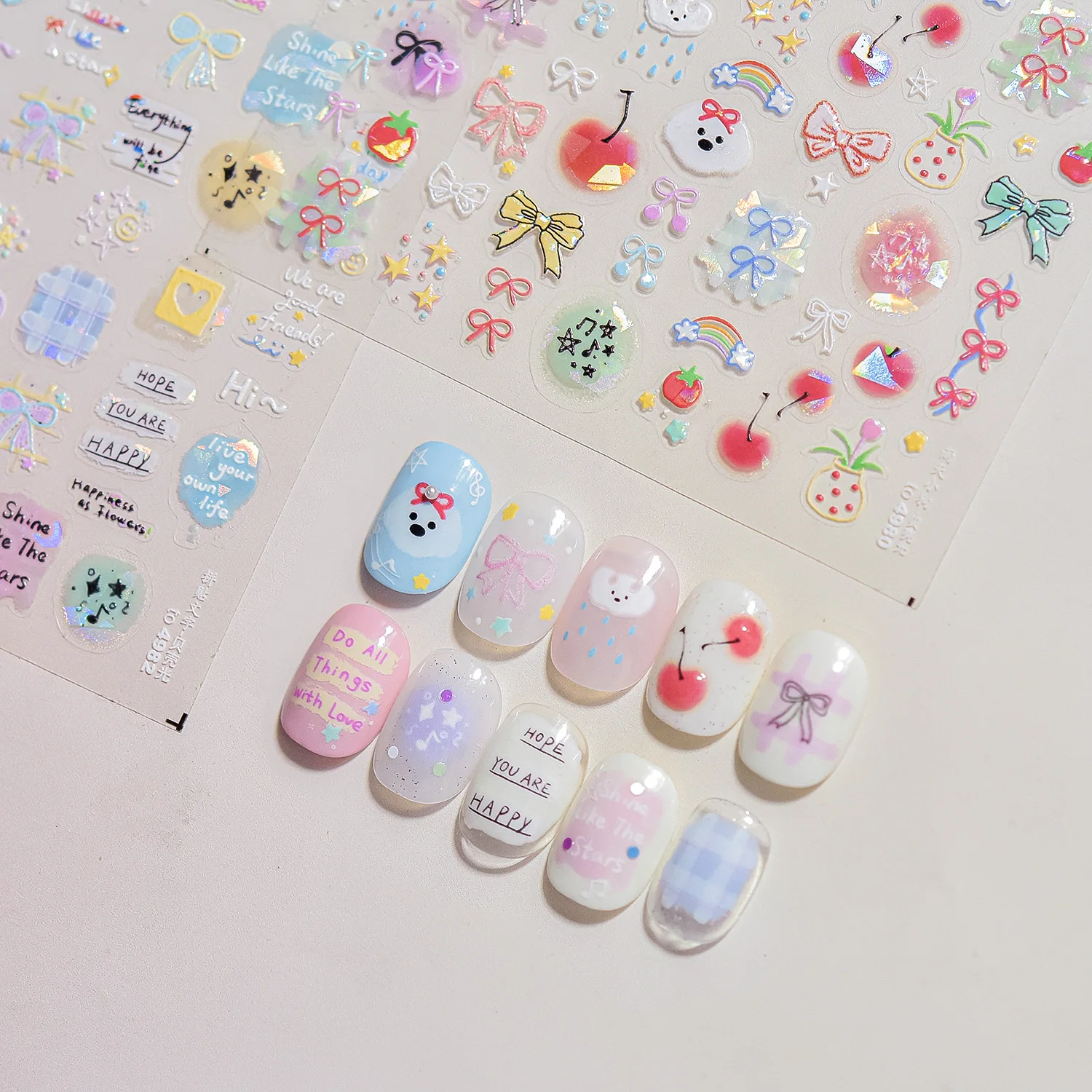 1pc 5D Shell Licht Cartoon Nagelsticker Collage Tekst Engels Brief Muzieknoot Nagelsticker Graffiti Ster Hart Strik Manicure