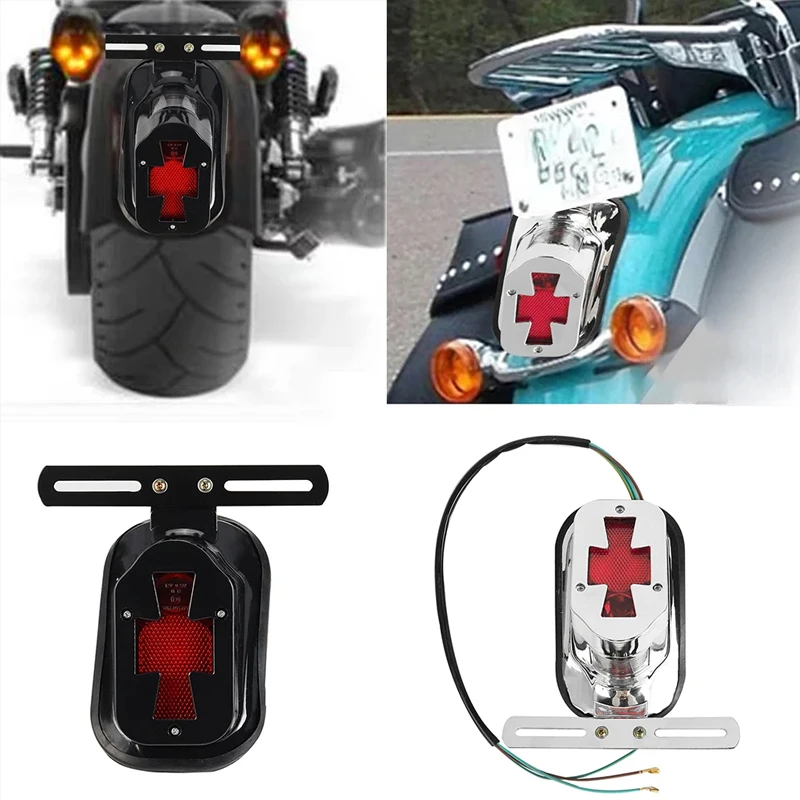 Motorcycle Rear Fender Brake Lamp w/ License Plate Lights Tombstone Skull Cross Tail Light For Harley Chopper Bobber 68003-47