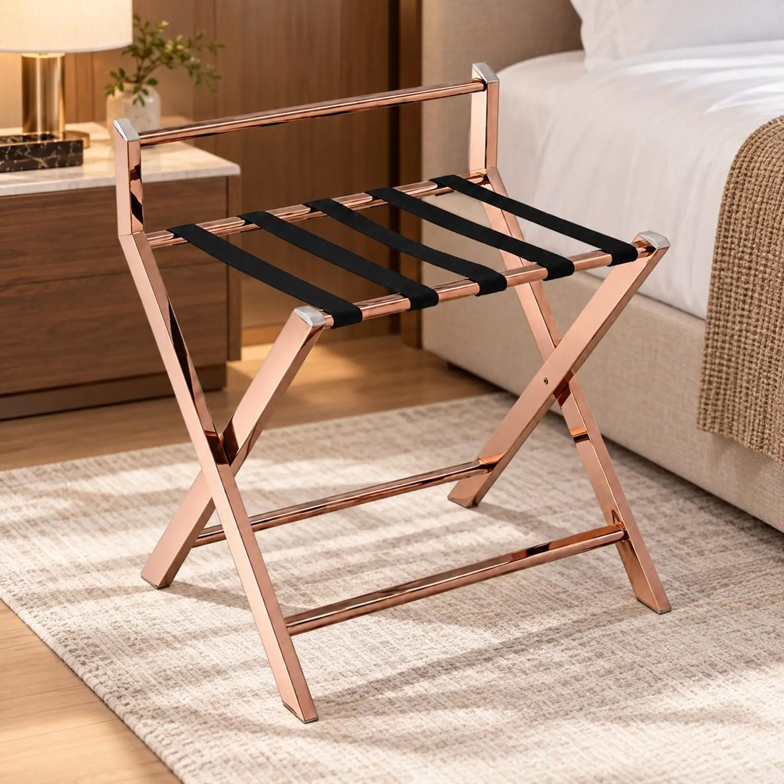 Space Saving Foldable Luggage Stand Stainless Steel Suitcase Rack for Guest Room Use