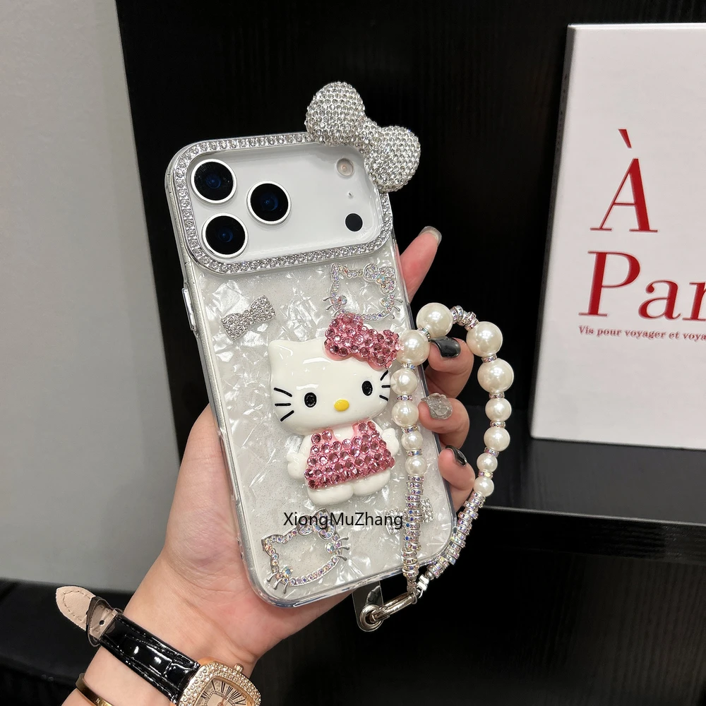 3D-Stereoskopische Handyhülle für iPhone 18 17 16 15 14 13 12Pro Max Niedliche Cartoon Sanrio Hello Kitty Schleife Glitzernde Lanyard-Hülle – Detail 9