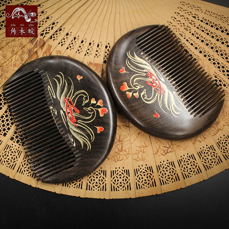 Horned Dragonfly Hand-painted lacquer comb made of precious wood, massage and hairdressing comb, handcrafted
