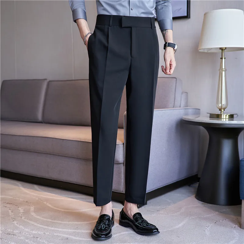 Autumn Elastic Waistline Straight Pants for Men Casual Business Suit Pants Belt Decoration Ankle Length Office Social Trousers
