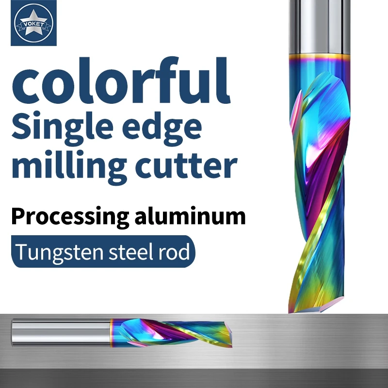 VOKET  Single Flute for Aluminum Milling Cutter DLC Coated Colorful Aluminum Profile Composite Cutting Engraving Machine Bit