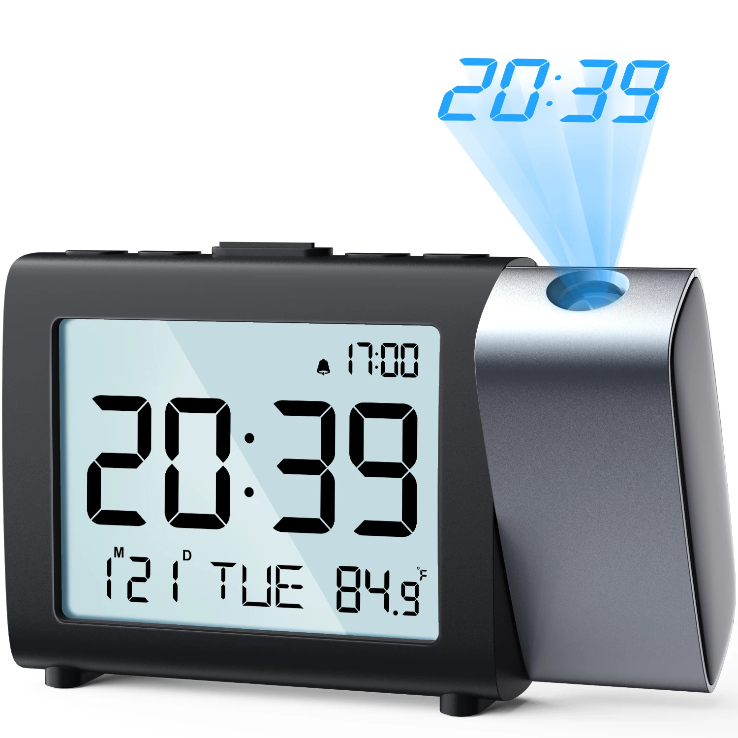 Relógio Despertador com Projeção LED Grande, Plug USB, Função Soneca, 12/24H, Projeção no Teto 180° °   Relógio Projetor Rotativo para Quarto
