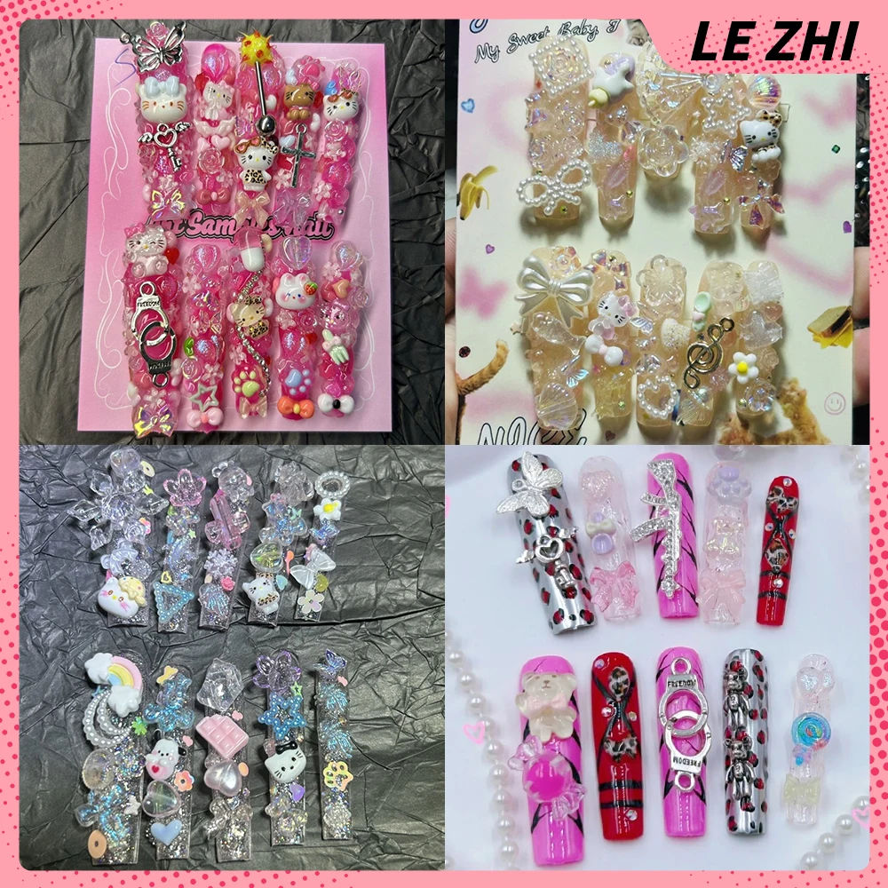 

Y2K Sanrio Hello Kitty Xl Square Handmade Full Cover Fake Nails 3D Cartoon Bear Rhinestone Bowknot Pearl Wearable Fake Nails