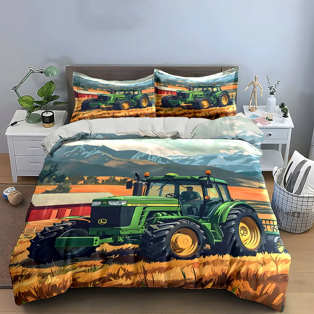 3Pcs Farm Life Tractor Bedding Set, Green Tractor with Mountains in the Background Print Duvet Cover, Rural Style