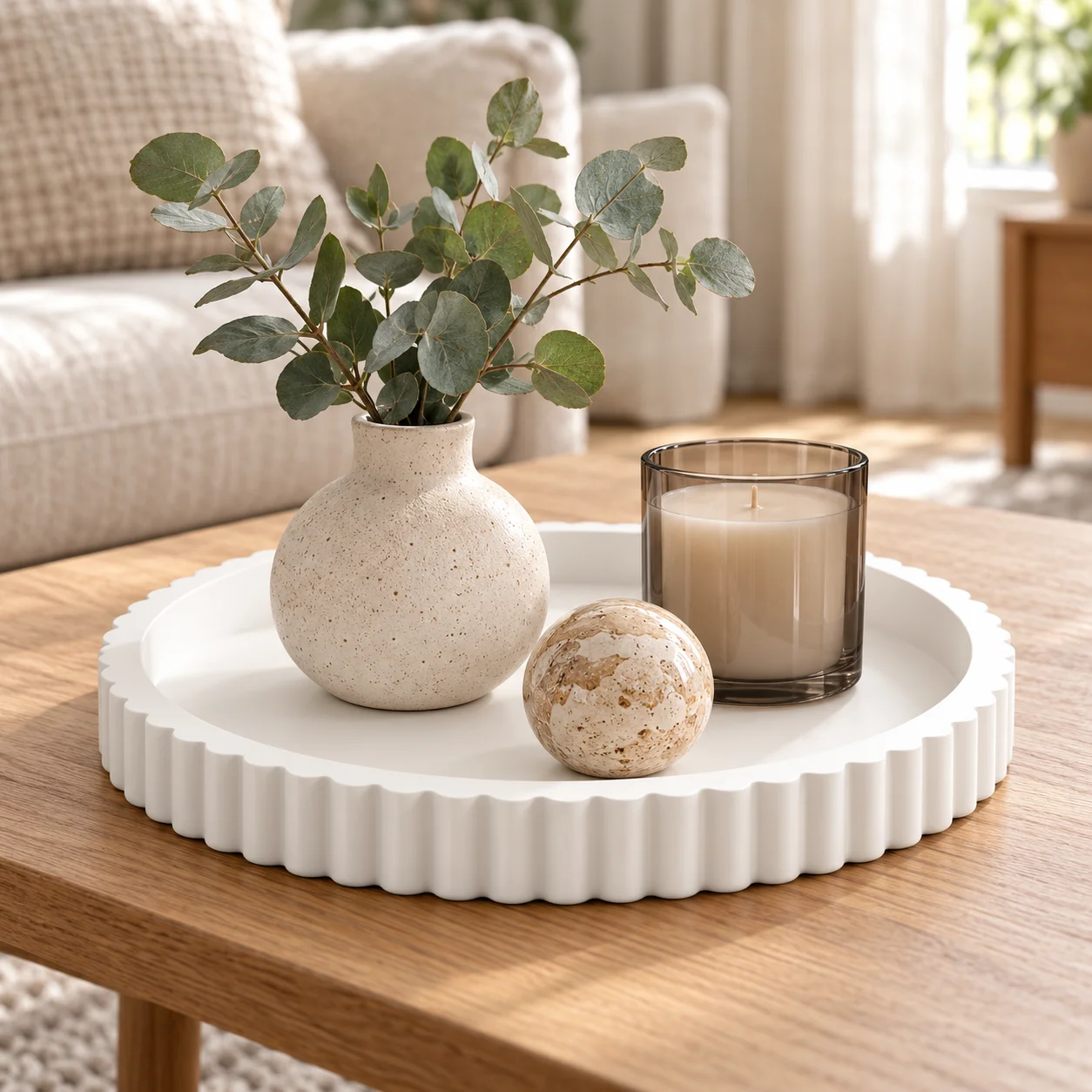 Round Coffee Table Tray, Minimalist White Decorative Serving Tray For Living Room Center Table And Home Styling