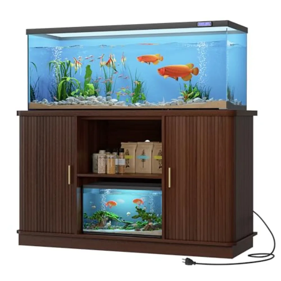 Fish Tank Stand, 75 Gallon Tank Stand with Sliding Cabinet Door, Heavy Duty Aquarium Stand with Power Outlet for Turtle Tank, R
