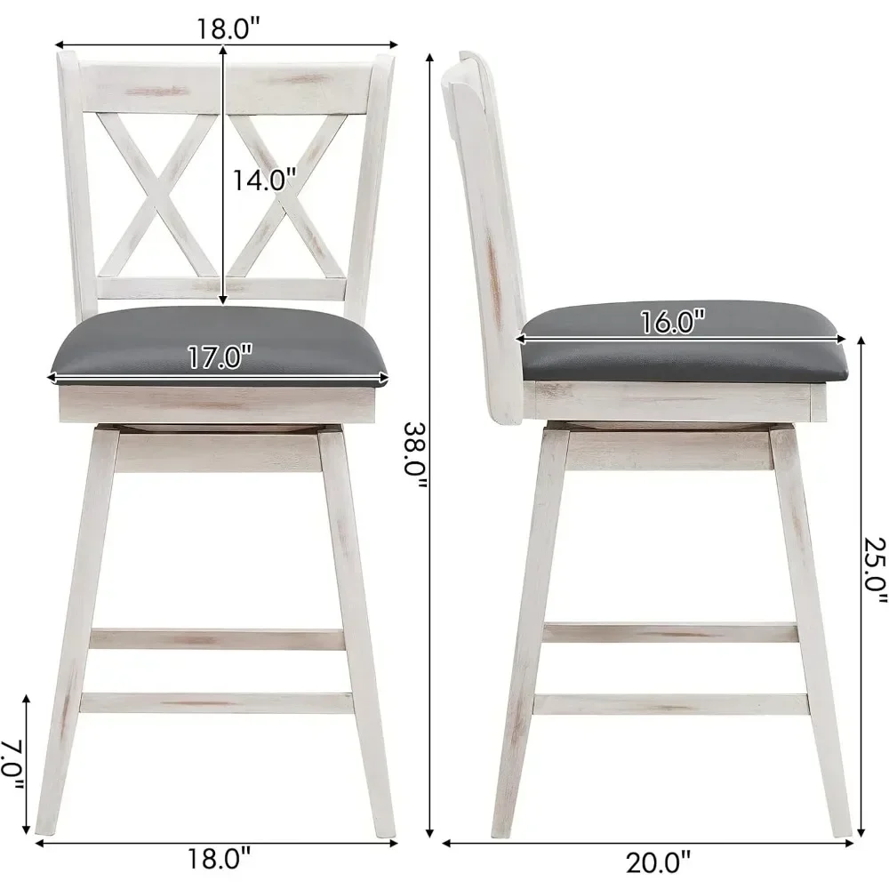 Conjunto de 2 bancos de bar, 360 °   Banco de bar giratório com altura de balcão de 25 polegadas com descanso para os pés, almofada estofada e encosto ergonômico