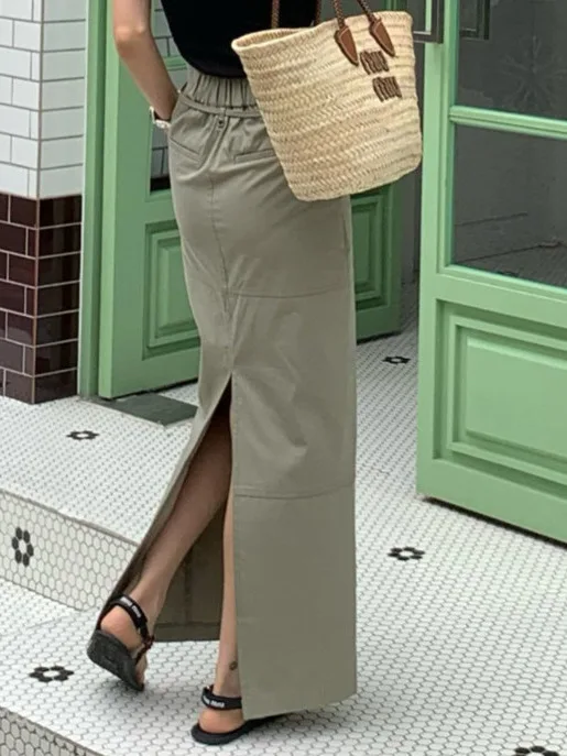 Chic เอวสูง Dstring กระโปรงทํางานยาว f-ความยาวผู้หญิง Faion ฤดูร้อนอเนกประสงค์ Slimming Ba แยกกระโปรงลําลอง