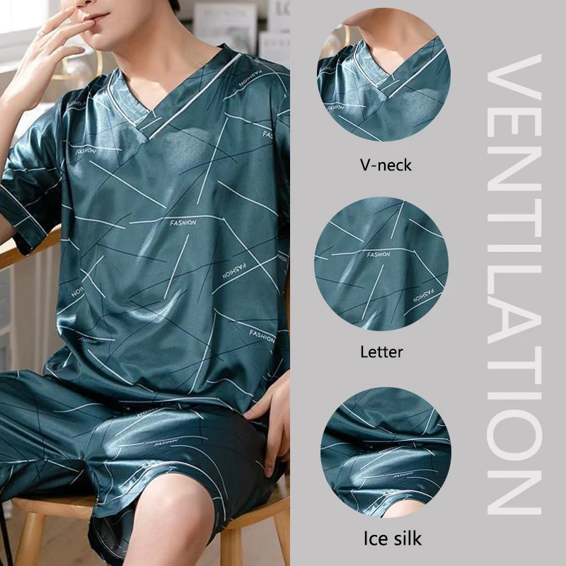 Large Size Men Homewear Ice Silk Short-Sleeved Shorts Student Pajamas Korean Version with Letters Loose 3xl Short-Sleeved Two-Pi