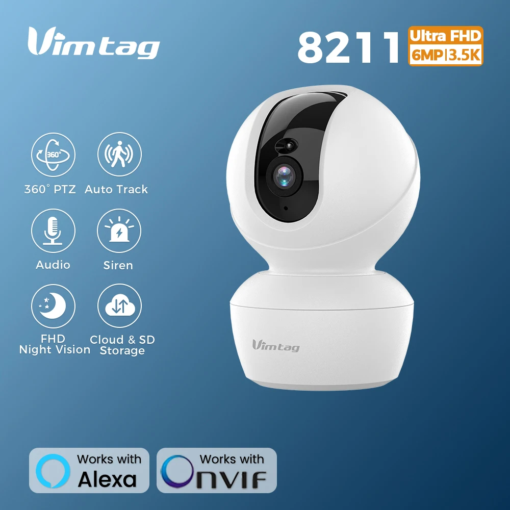 

VIMTAG 6MP WIFI Camera 360° Indoor IP Camera PTZ 2-Way Talk Siren IR Night Vision Auto Track Home Baby Security Surveillance Cam