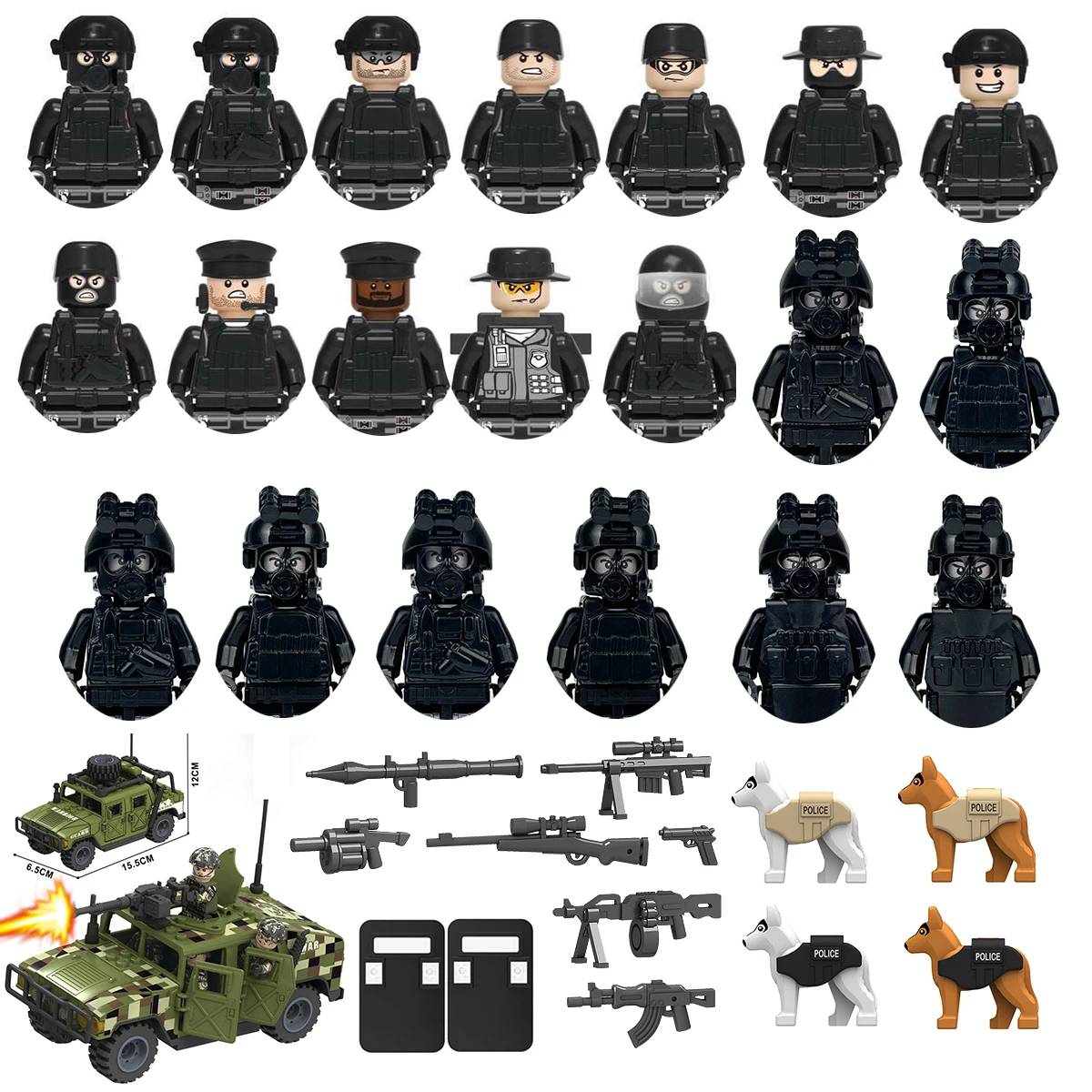 

25/50/100Pcs Military Weapons Police Special Forces Soldiers Machine Guns Mortar SWAT Building Blocks Armored Car Army Toys