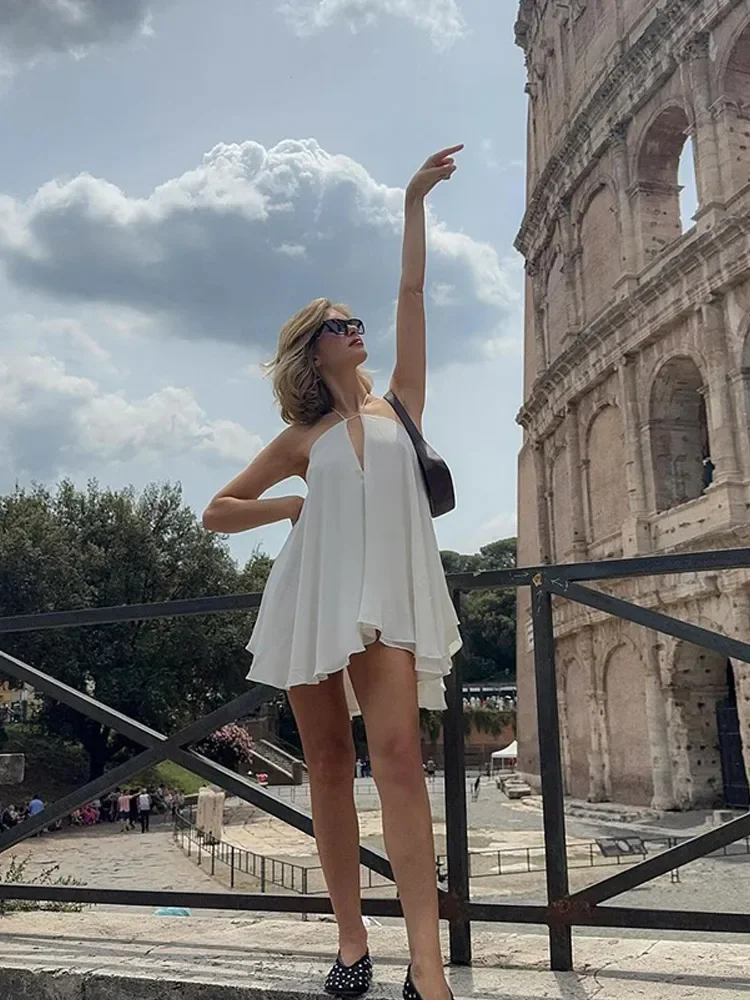 Mulheres sexy halter em camadas babados mini vestido moda fora do ombro sem costas uma linha vestidos primavera verão chique senhora vestidos curtos