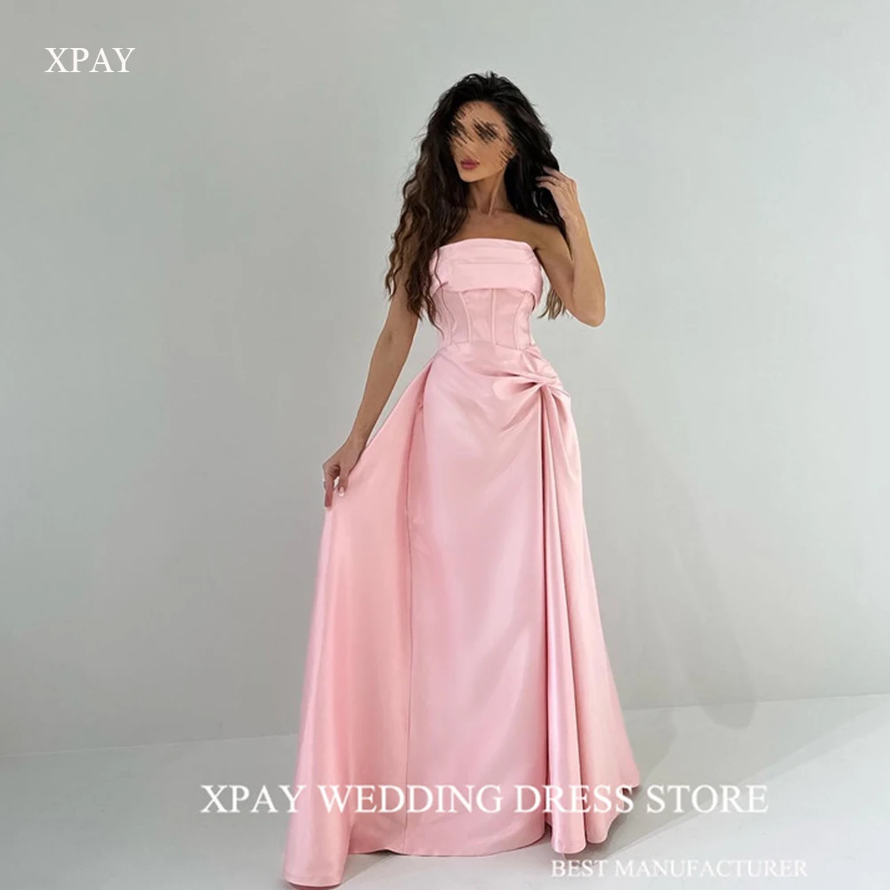 

XPAY 2024 Pink Evening Dresses Saudi Arabic Women Party Wedding Dress Strapless Floor Length Simple Prom Gowns Vestido de noche