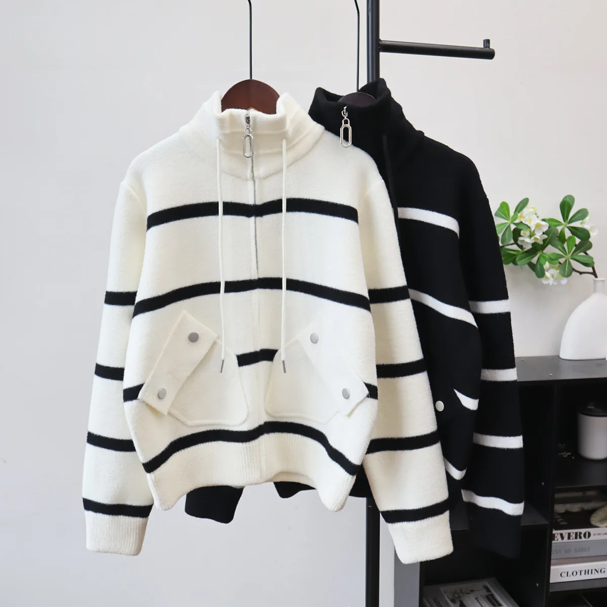 

Women Striped Cardigan Sweaters Color Blocked Jumpers Stand Collar Long Sleeves Zipper Loose Elegant Casual 2025 Autumn Winter
