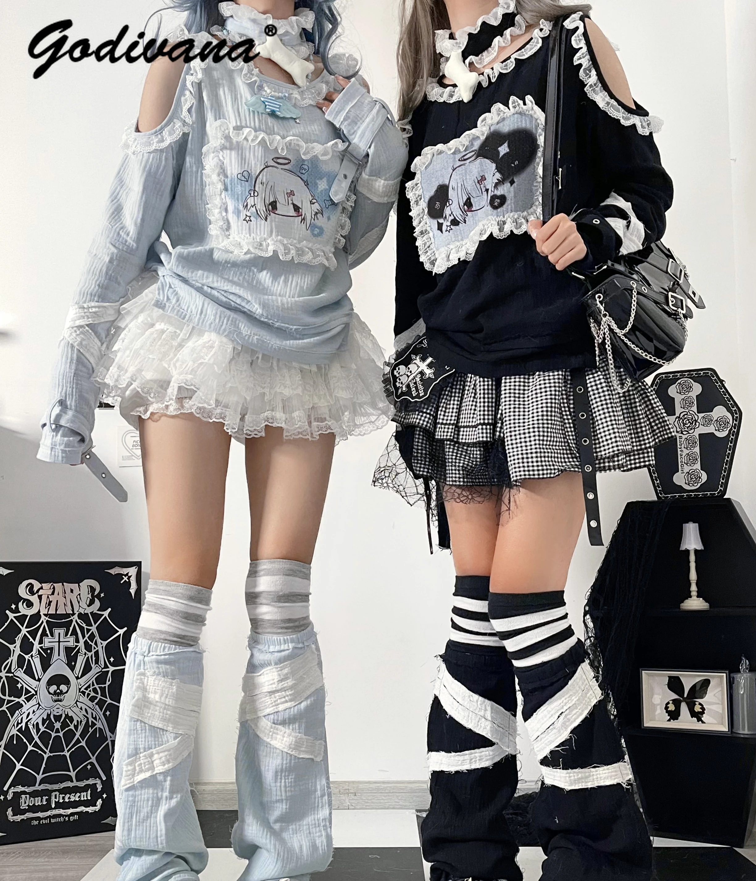 

Subculture Y2K Bandage Dark Style Cartoon Printed Off-the-Shoulder Lace Shapewear Top Girls Cute Long Sleeve T-shirt