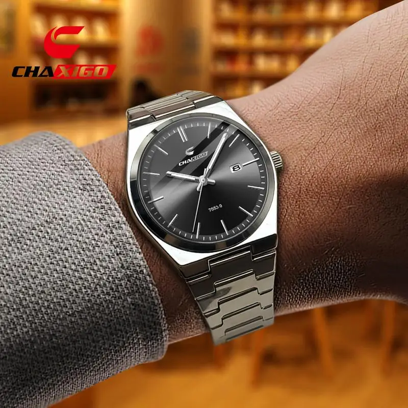 

CHAXIGO Men Watch Light Luxury Stainless Steel Calendar Waterproof Male Business Leisure Fashion Quartz Clock Watches 7553-9