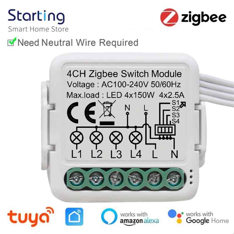 Tuya Zigbee 3/4 Gang Smart Light Switch Module Need Neutral Wire 2 Way Control DIY Smart Breaker Works With Alexa Google Home